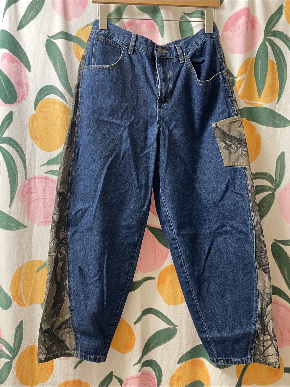 Dark Blue Denim barrel Jeans with Camo Side Panels